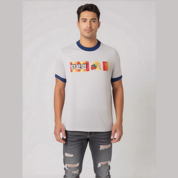 In Vitro Tops - Vintage In Vitro Ringer Tshirt, Ringer Tee, PEZ, Blue & White, Size Small